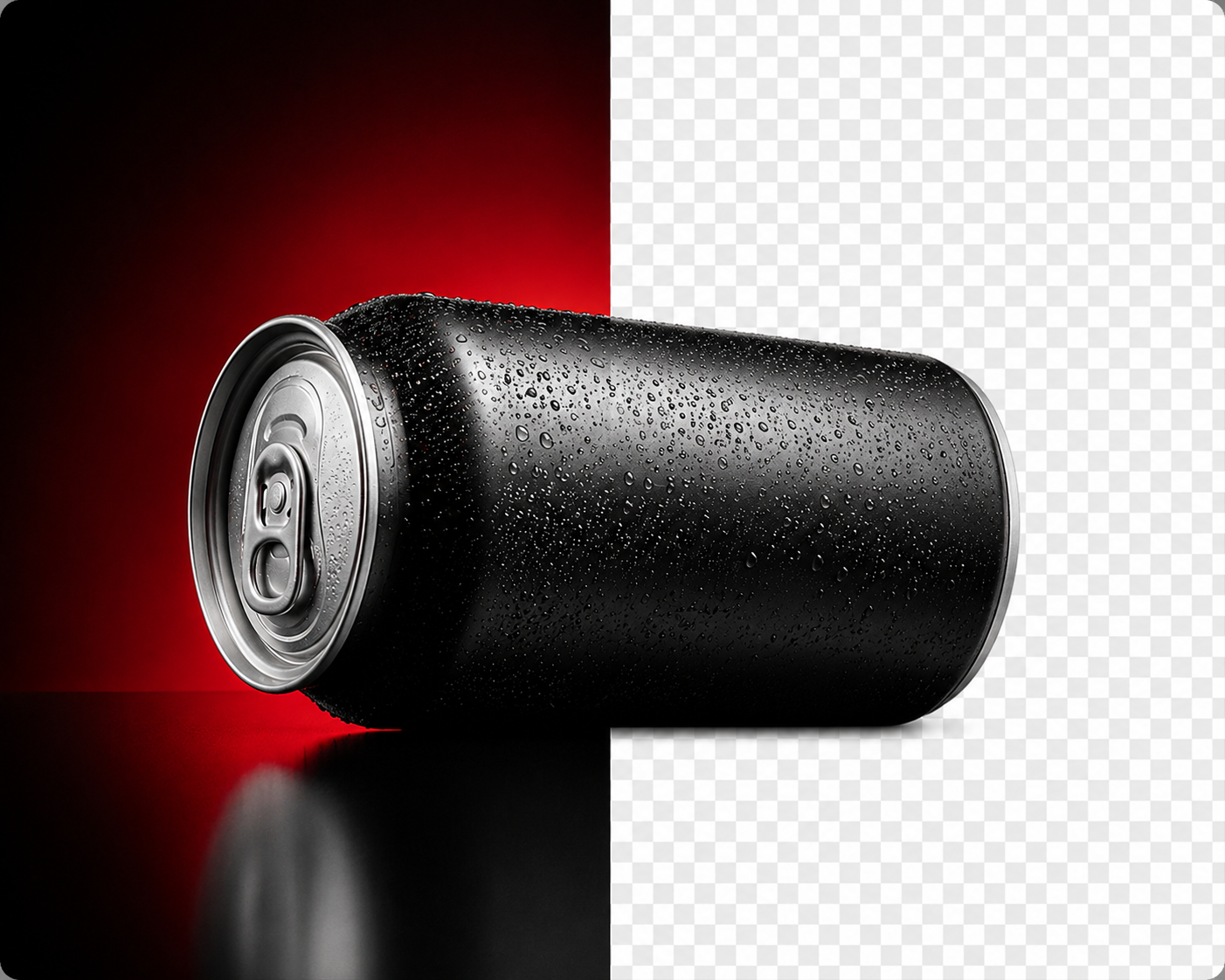 Drink can with condensation, original set on one side and a transparent cutout on the other